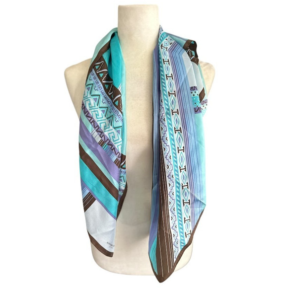 Adrienne Landau Silk Scarf Women's Blue Brown Geometric Square 34" x 34" - Picture 1 of 6
